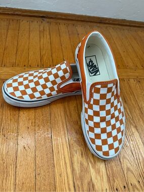 Vans Womens Orange & White Checkerboard Slip-On Sneakers